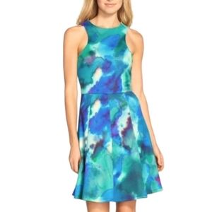 Cece Aline Blue Green Watercolor Dress